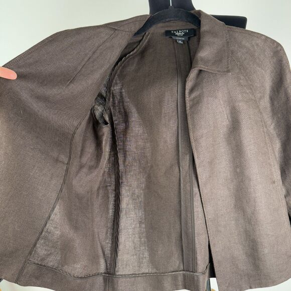 Talbots Petites 100% Pure Irish Linen Dark Brown, Open Front Jacket - Size P - Picture 8 of 10